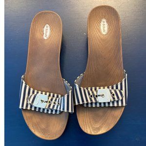 Dr. Scholl's Faux Wood Navy Blue & Tan Stripe Advanced Comfort Sandals Sz 8
